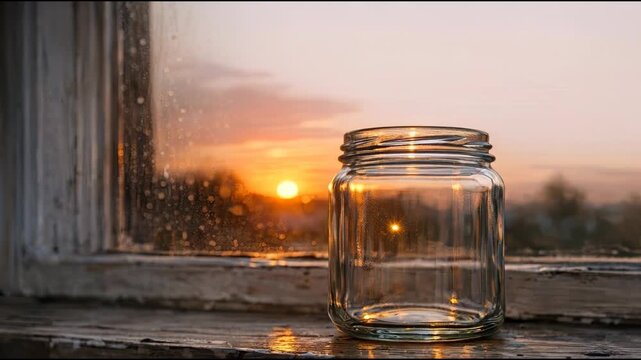 A glass jar sitting on a window sill, possibly containing small objects or decorations