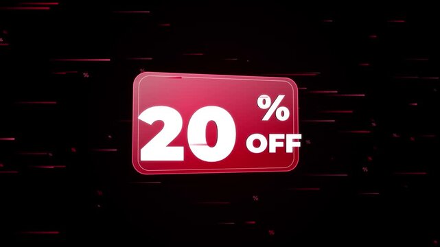 Sale promotional banner with twenty percent off discount text animation moving on dark background with abstract red horizontal lines creating digital modern effect.