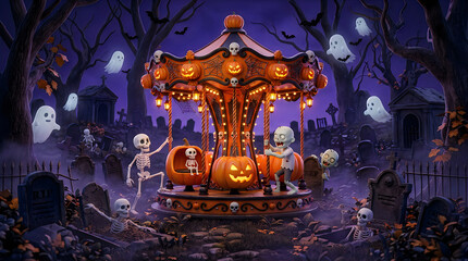 Fototapeta premium Spooky haunted carousel with glowing jack o lanterns and floating ghosts in a dark forest