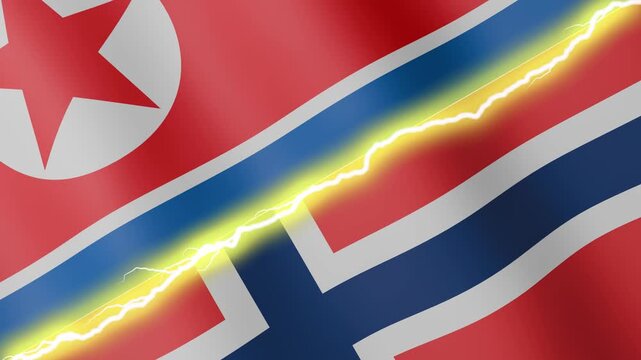Two waving flags North Korea and Norway with diagonal lightning seamless, 4k loop