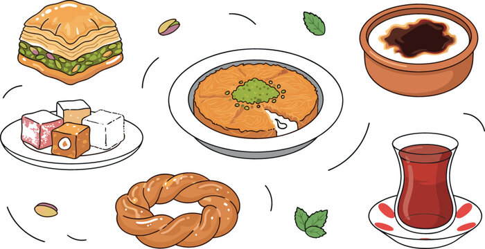 Traditional Turkish dessert and sweet cuisine vector illustration set with baklava kunafe turkish delight simit glass tea and rice pudding bowls.