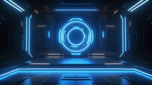 Futuristic neon hallway with glowing blue circle in a sci-fi architectural space during a digital journey