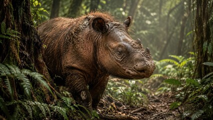 Fototapeta premium Sumatran rhinoceros walking through misty rainforest among ferns and mossy trees. Rare endangered wild animal in natural jungle habitat. Wildlife protection and World Rhino Day conservation concept.