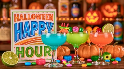 Obraz premium Halloween happy hour sign with colorful cocktails and candy on bar 