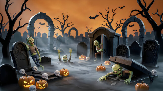 Spooky halloween graveyard scene with glowing jack o lanterns and a zombie rising from ground