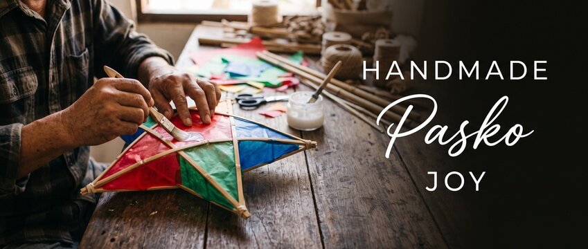 Filipino Christmas star lantern craft artisan gluing traditional handmade parol ornament in workshop for festive holiday culture and heritage craftsmanship celebrating Pasko joy decor celebration.