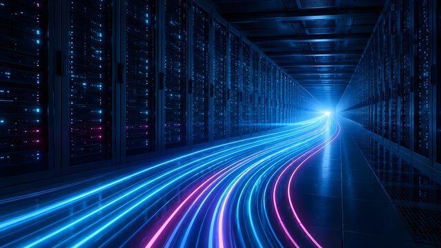 Illuminated server room aisle with high speed fiber optic light trails illustrating fast data transfer and cloud computing infrastructure