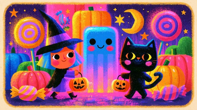 Cute witch girl and black cat with glowing ghost among pumpkins  
