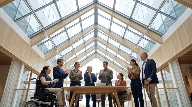 Team celebrating milestone in bright office lobby with diverse colleagues applauding around conference table
