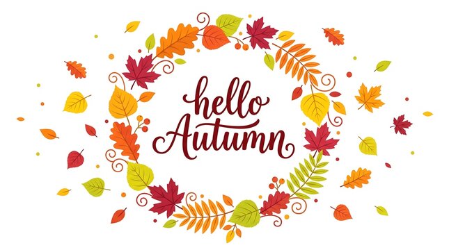 A festive hello autumn greeting card design featuring a colorful wreath of fall leaves perfect for celebrating thanks giving day events