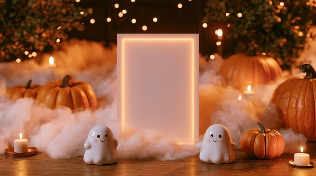 Blank vertical frame with pumpkins and ghost figurines in Halloween decor  