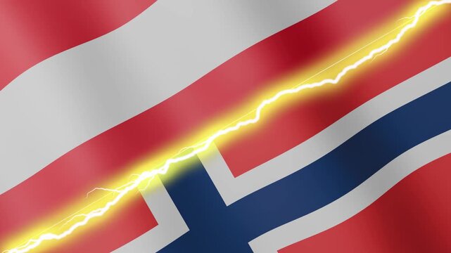 Two waving flags Austria and Norway with diagonal lightning seamless, 4k loop
