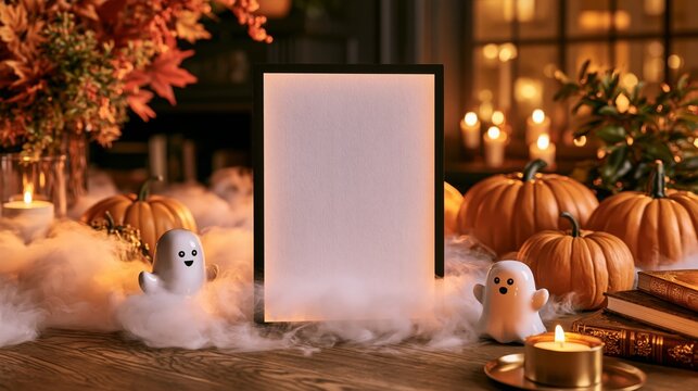 Blank vertical frame with pumpkins ghost figurines and candles indoors  