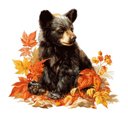 Naklejka premium PNG Adorable bear cub surrounded by autumn leaves watercolor art