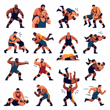 Wrestlers performing various grappling and combat sports moves