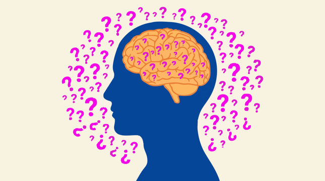 Conceptual illustration of a human head with a brain full of questions