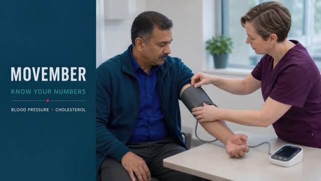 Male patient receiving blood pressure check from female healthcare professional in modern clinic setting, Movember health awareness campaign visible in background