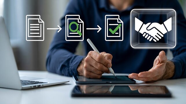Procurement process management, Digital and paper document approval, contract verification, supplier negotiation, and business purchasing operations using laptop and paper in office environment