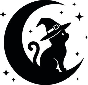 Cute witch cat sitting on a crescent moon, black and white vector silhouette.