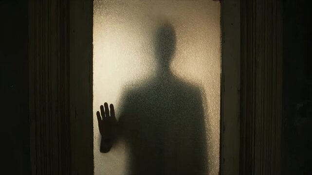 Eerie silhouette of a tall figure touching frosted glass from behind a door, cinematic warm backlighting in a dark, suspenseful indoor setting.