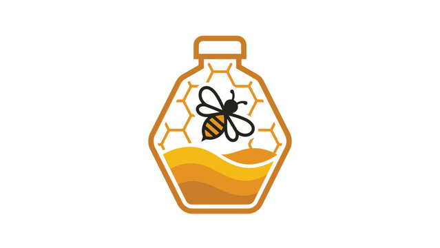 Honey Drink Logo template featuring a honeybee inside a bottle shaped like a honeycomb with golden syrup for natural juice beverage branding.
