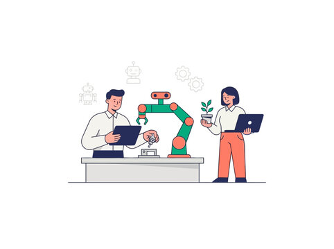 Programmer Teaching Collaborative Robot Arm With Laptops And Plant Vector Illustration