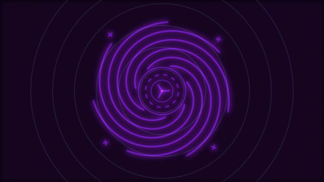 Spiral Design with Concentric Glowing Lines on a Dark Purple Background. Abstract Circular Pattern, Futuristic Technology Concept.