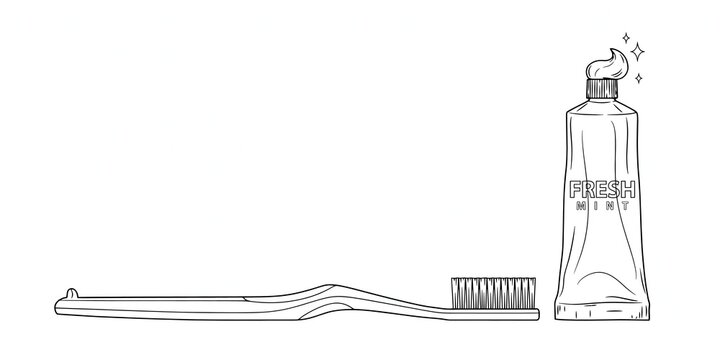 Sketch dental care set, hand drawn toothbrush and tube illustration, dentist outline icon, daily teeth cleaning hygiene doodle