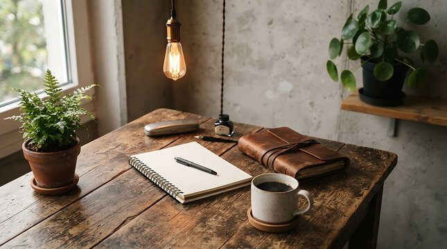 Minimalist wooden desk with open notebook, coffee, and potted plant for remote work setup