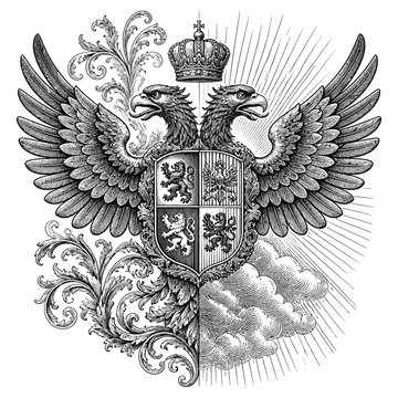 Vintage double headed eagle coat of arms with crown and shield engraving illustration.