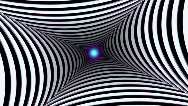 Optical Illusion Pattern with Central Blue Sphere. Abstract Black and White Design Creating a Vortex Effect, Visual Distortion.