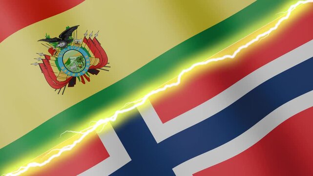 Two waving flags Bolivia and Norway with diagonal lightning seamless, 4k loop