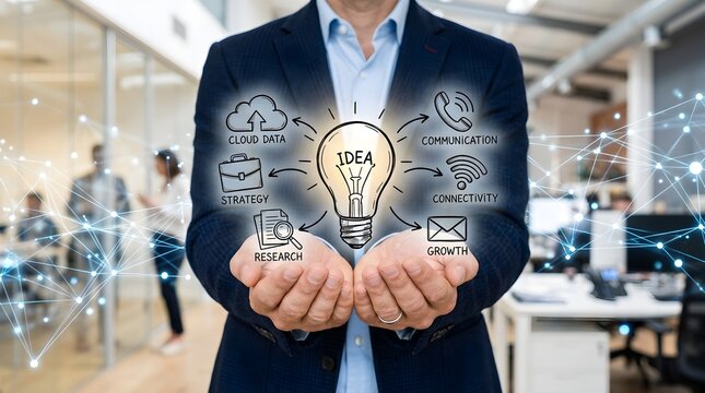 Businessman Presenting Glowing Light Bulb and Business Icons in Office
