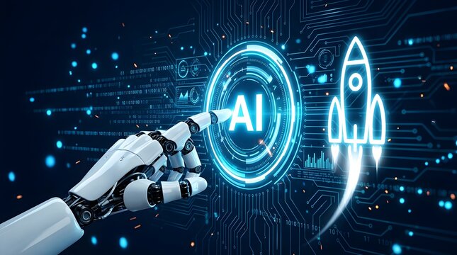 Robotic hand touching artificial intelligence interface button with digital rocket symbol on circuit background