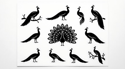 Obraz premium A stunning and intricate collection of peacock silhouettes showcasing the majestic beauty and vibrant elegance of these remarkable birds in various poses