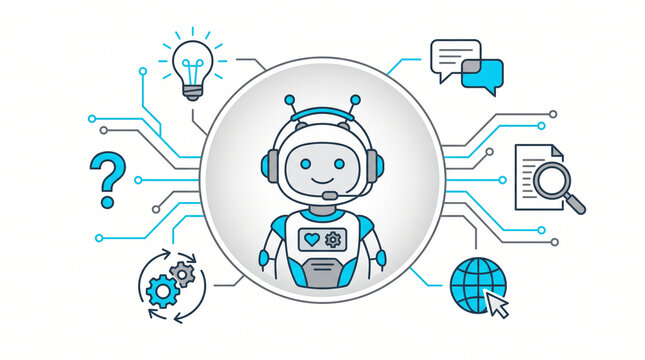 Friendly robot mascot with headset surrounded by digital technology and service support line art icons on white