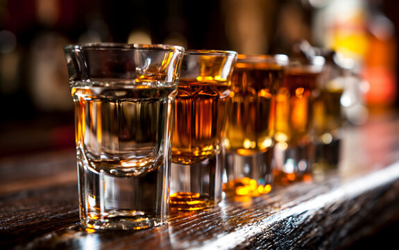 Alcohol consumption and social drinking, shot glasses with clear and amber liquor on a dark wooden bar counter