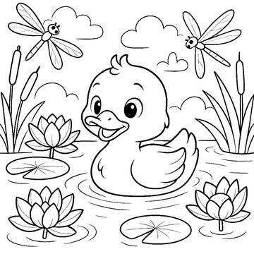 Coloring book illustration of a little duck with dragonflies and lotus flowers