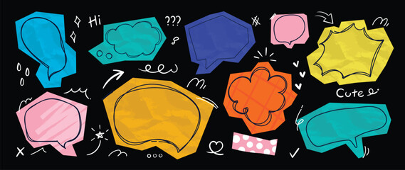 Obraz na płótnie Canvas Y2K scrapbook speech bubble elements set. Vector colorful hand drawn doodle chat balloons, retro comic labels, stickers and abstract shapes for social media and graphic design