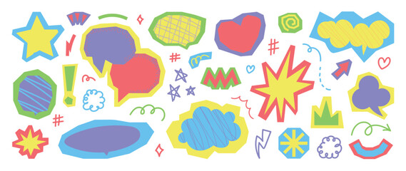 Fototapeta na wymiar Y2K scrapbook speech bubble elements set. Vector colorful hand drawn doodle chat balloons, retro comic labels, stickers and abstract shapes for social media and graphic design