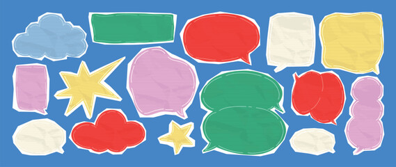 Fototapeta na wymiar Y2K scrapbook speech bubble elements set. Vector colorful hand drawn doodle chat balloons, retro comic labels, stickers and abstract shapes for social media and graphic design