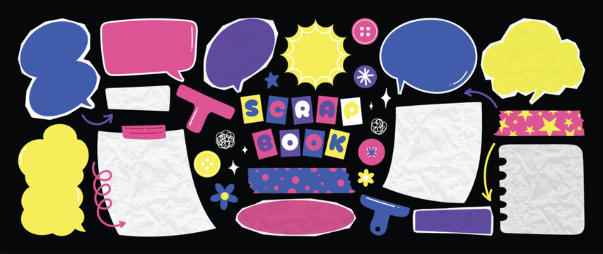 Y2K scrapbook speech bubble elements set. Vector colorful hand drawn doodle chat balloons, retro comic labels, stickers and abstract shapes for social media and graphic design