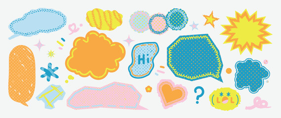 Fototapeta na wymiar Y2K scrapbook speech bubble elements set. Vector colorful hand drawn doodle chat balloons, retro comic labels, stickers and abstract shapes for social media and graphic design