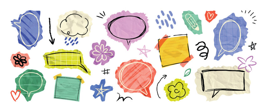 Y2K scrapbook speech bubble elements set. Vector colorful hand drawn doodle chat balloons, retro comic labels, stickers and abstract shapes for social media and graphic design