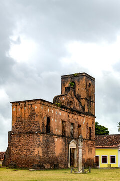 Ruins of a historic church and a pillory in the central square of the town of Alcantara, Maranhao.