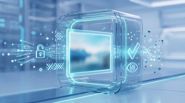 Futuristic Holographic Screen with Cybersecurity and Data Protection Icons