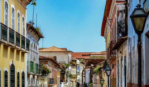 Old houses with balconies and colonial architecture in the historic center of Sao Luis, Maranhao.