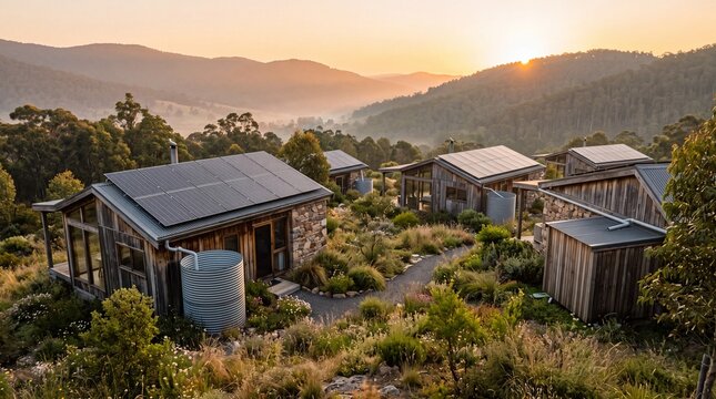 Eco friendly cabins with solar panels overlooking mountain valley at sunrise