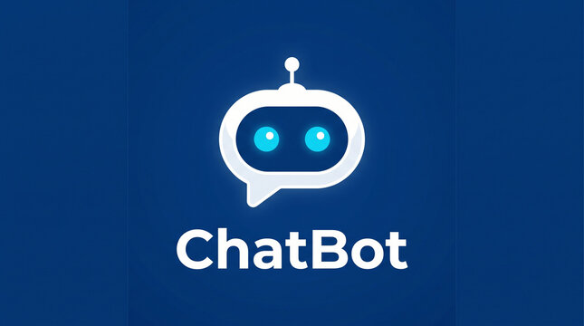 Minimalist chatbot logo design with a robotic head icon and text on a dark blue gradient background