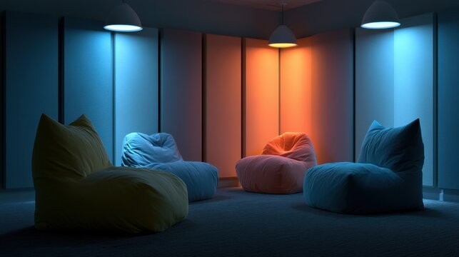 Cozy beanbag chairs arranged in a circle under mood lighting